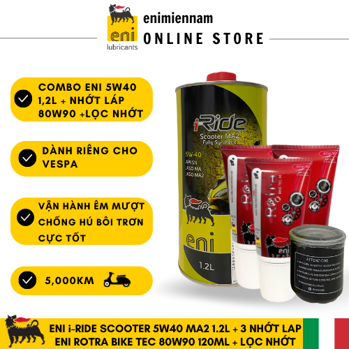 (HCM) Combo Eni Scooter MA2 5W40 1.2L + Lọc nhớt + Nhớt láp Eni 80W90 (Vespa/Piaggio)