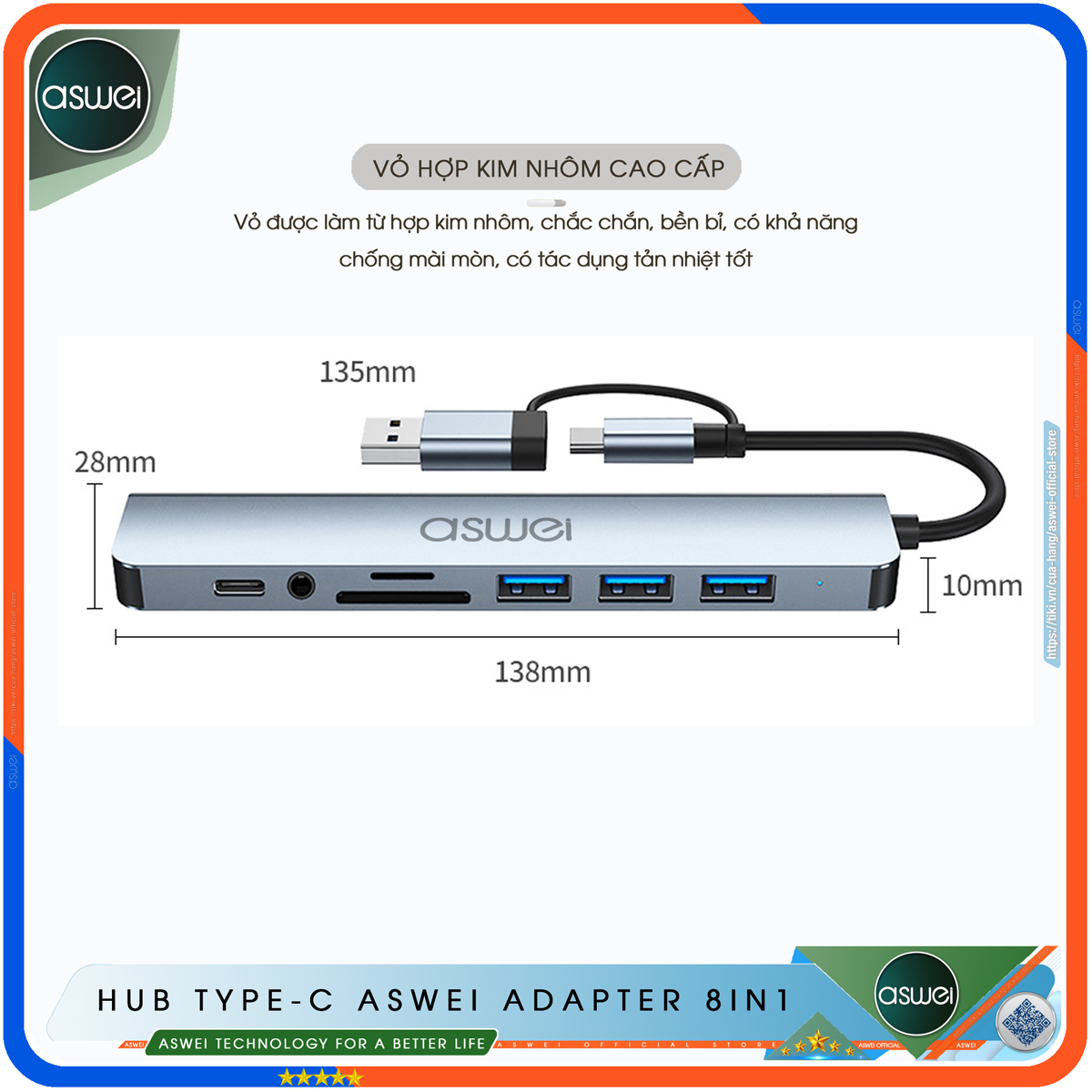 Hub Type C Và Hub USB 3.0 ASWEI 8in1 To USB 3.0, SD, TF, USB-C, Audio 3.5 - Hàng Chính Hãng