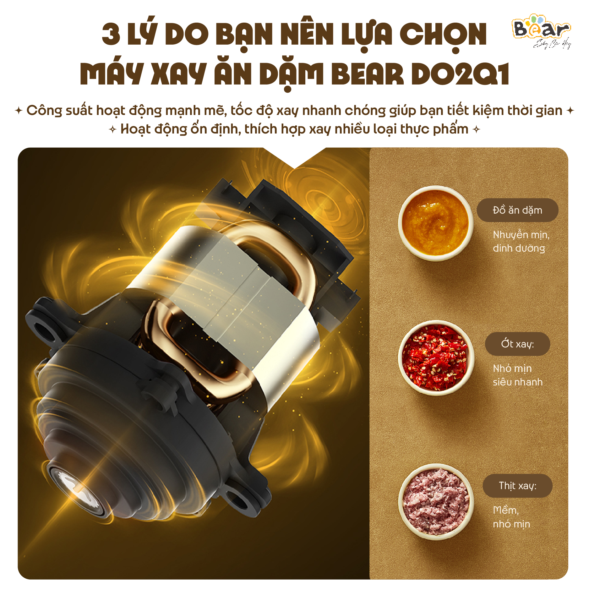 Máy Xay Ăn Dặm Cho Bé 0,6L Bear 6 Lưỡi Dao Cối Thủy Tinh Xay Đa Năng Cháo Thịt Tỏi Ớt Nhỏ Gọn Tiện Lợi  - D02Q1 - Hàng Chính Hãng