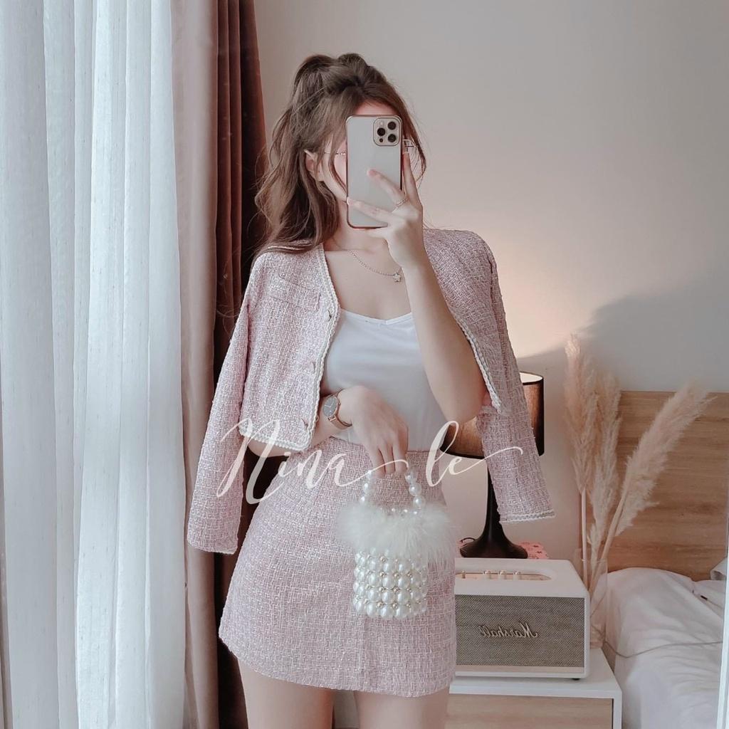 set dạ 3 món hồng áo 2 dây trong kèm khoác crop phối chân váy ngắn mẫu nina lê