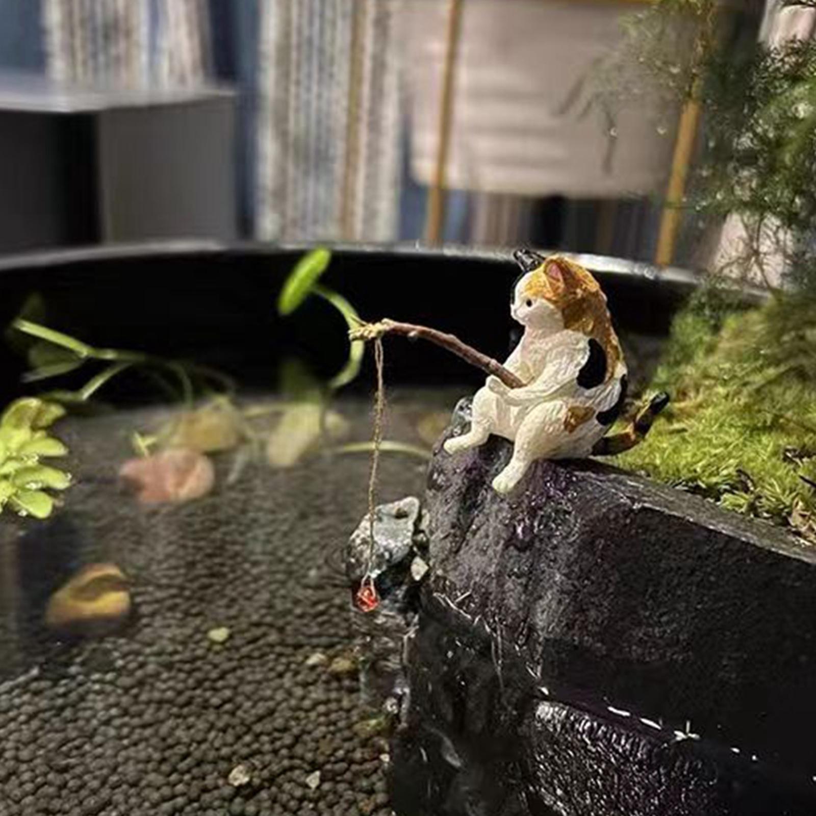 Cat Fishing Figurine Decorative Kitten Fishing Ornament for Garden