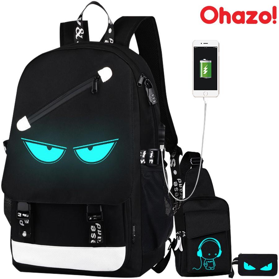 Bộ balo đi học phát sáng Ohazo! hình Mắt + Túi Đeo Chéo Sành Điệu+ Ví bút hình mắt ( Tặng kèm khóa chống trộm + cáp USB)