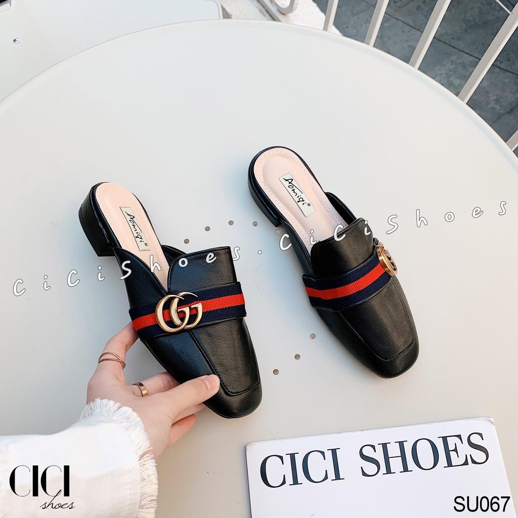 Giày cao gót nữ CiCi Shoes gót da 1cm, dép sục da khoá đồng đai xanh đỏ - SU067