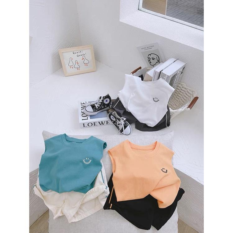Bộ Quần Áo Bé Trai MOON HOUSE, Bộ Sát Nách Thêu Miệng Cười Phối Quần Viền Cho Bé Từ 6-28kg