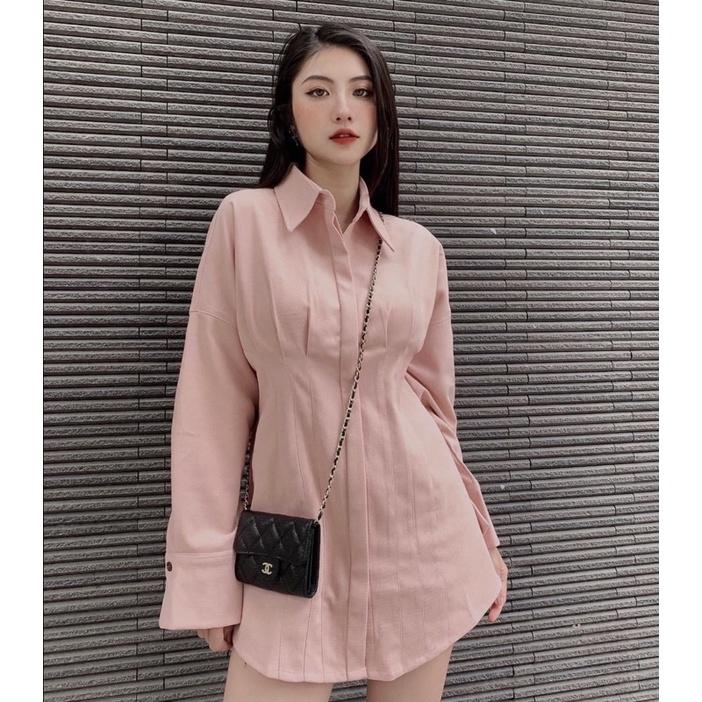 Sơ mi Váy bo eo tay dài chất thô nhung mịn