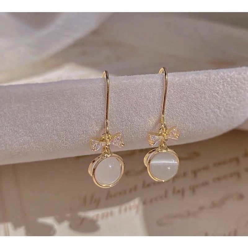 Khuyên tai bông tai nữ nơ thả đá mắt mèo sáng đẹp Ring House