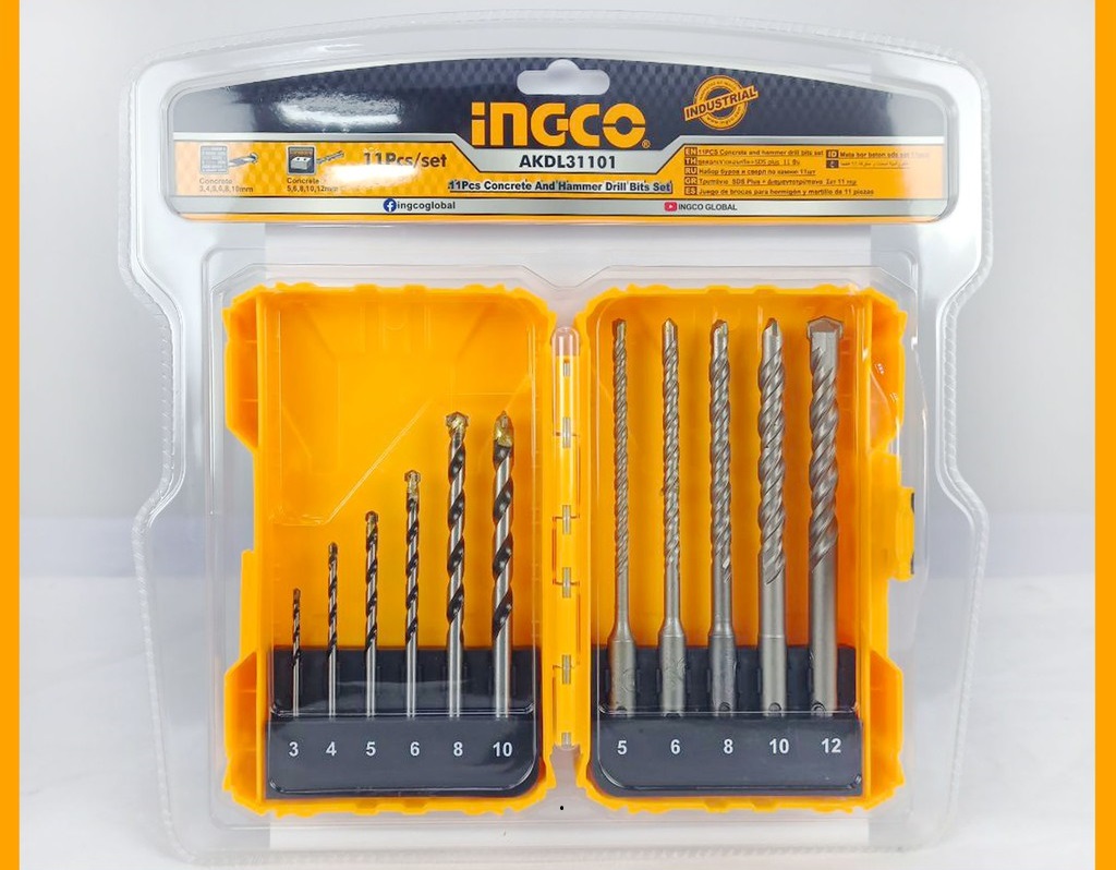Bộ 11 mũi khoan bê tông đuôi trơn và đuôi gài ingco AKDL31101