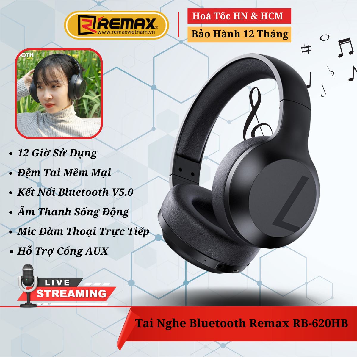 Tai Nghe Bluetooth Chụp Tai Remax RB-660HB , Âm Bass Mạnh Mẽ Nghe Nhạc Cực Hay - Hàng Chính Hãng Remax Bảo Hành