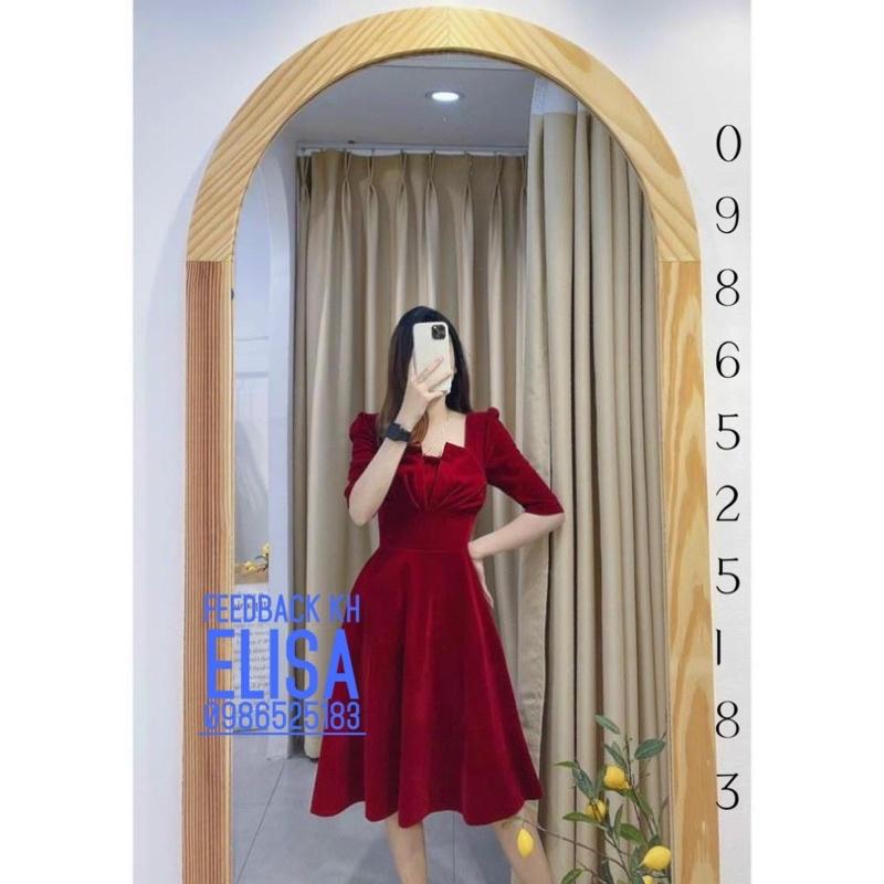 Đầm nhung đỏ đô xoè cổ cách điệu dáng dài 105cm