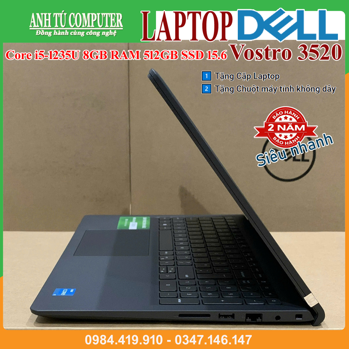 Laptop Dell Vostro 3520 Core i5-1235U 8GB RAM 512GB SSD 15.6″ FHD Black Hàng chính hãng