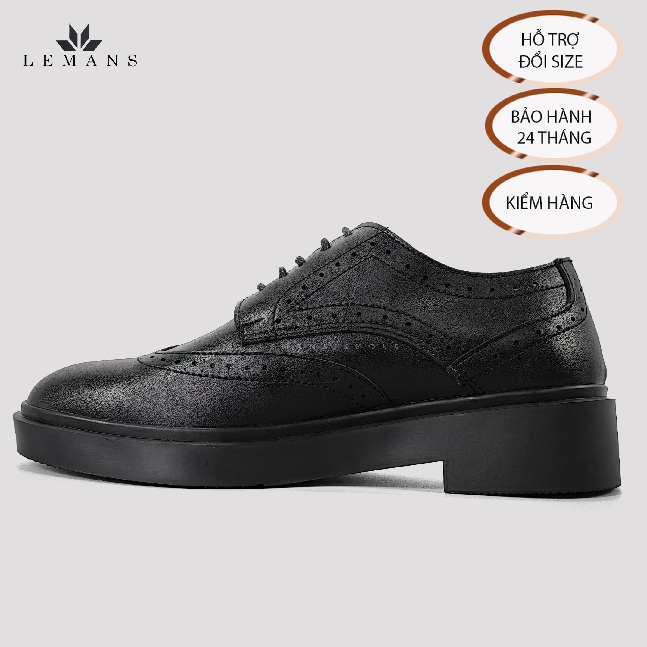 [TẶNG XI] Giày Tây Nam Công Sở Cao Cấp da bò Derby Wingtip LEMANS Black giày derby Bảo Hành 12-24 Tháng