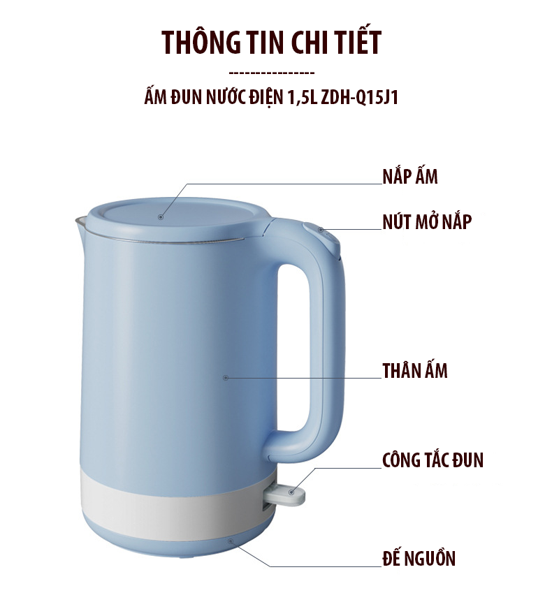 Ấm đun nước điện cỡ lớn 1,5L ZDH-Q15J1 tặng ổ cắm 3 chấu