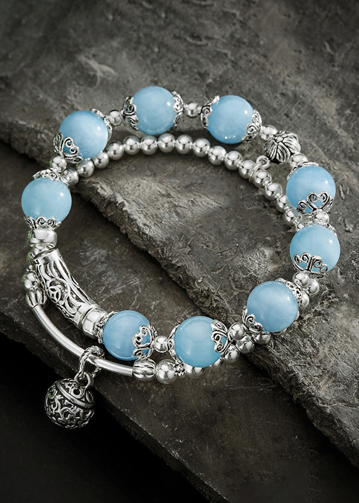 Vòng 2 line đá Aquamarine phối charm bạc size hạt 10mm mệnh thủy, mộc - Ngọc Quý Gemstones