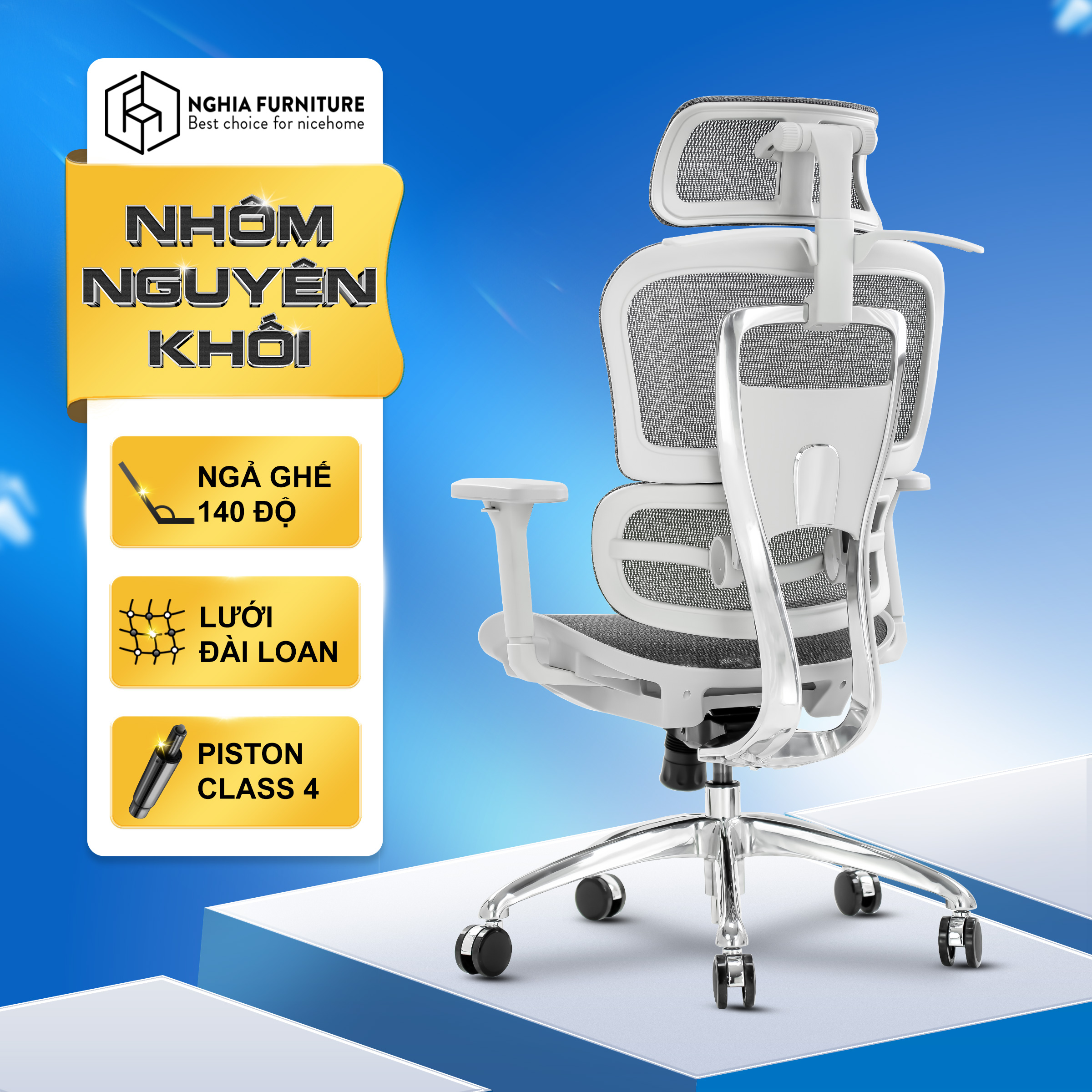 Ghế công thái học Nghia Furniture Caster, Khung nhôm chắc chắn, lưới Wintex Hàn Quốc, Piston class 4, tải trọng 150kg, bảo hành 5 năm