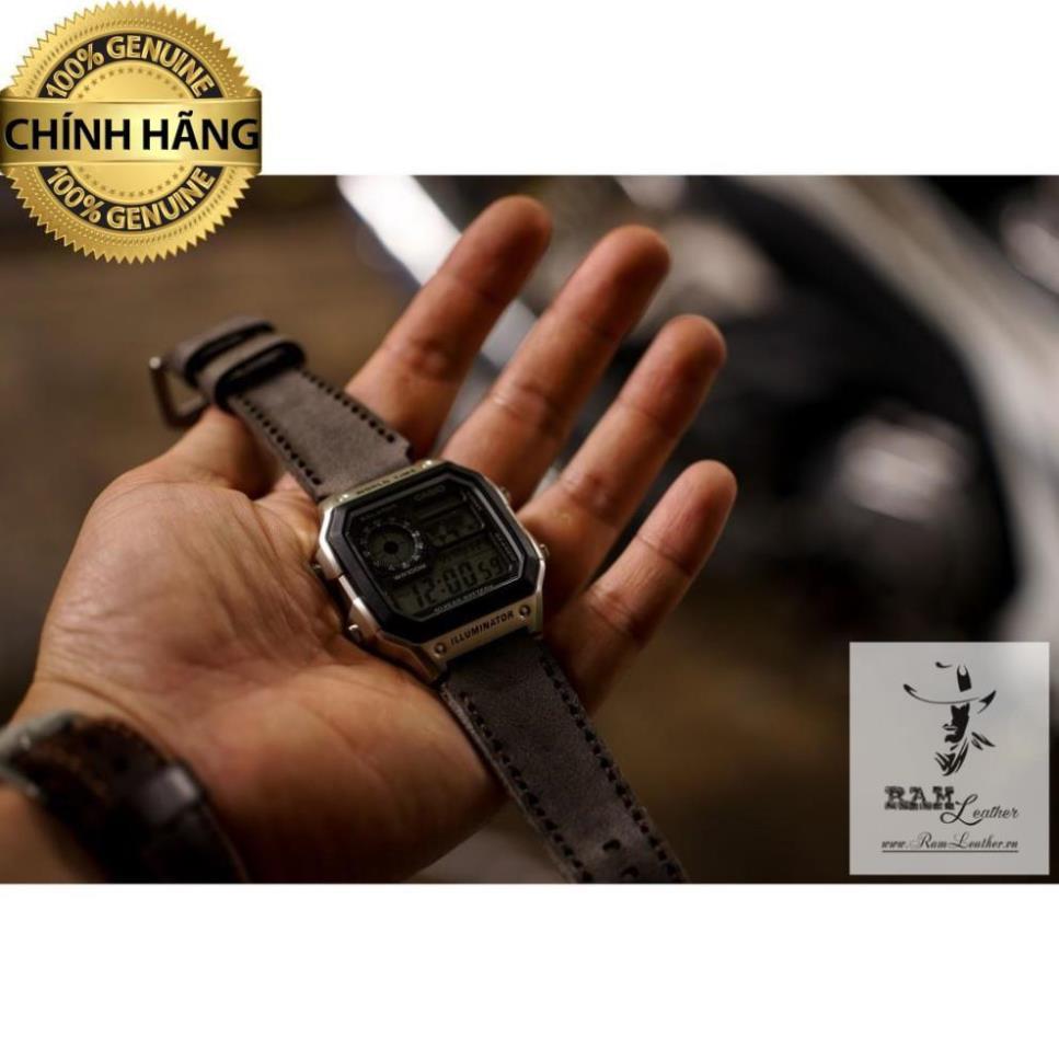 DÂY ĐỒNG HỒ DA BÒ THẬT DÀNH CHO CASIO AE1200/SEIKO5 1939 XÁM QUÂN ĐỘI ĐỨC .