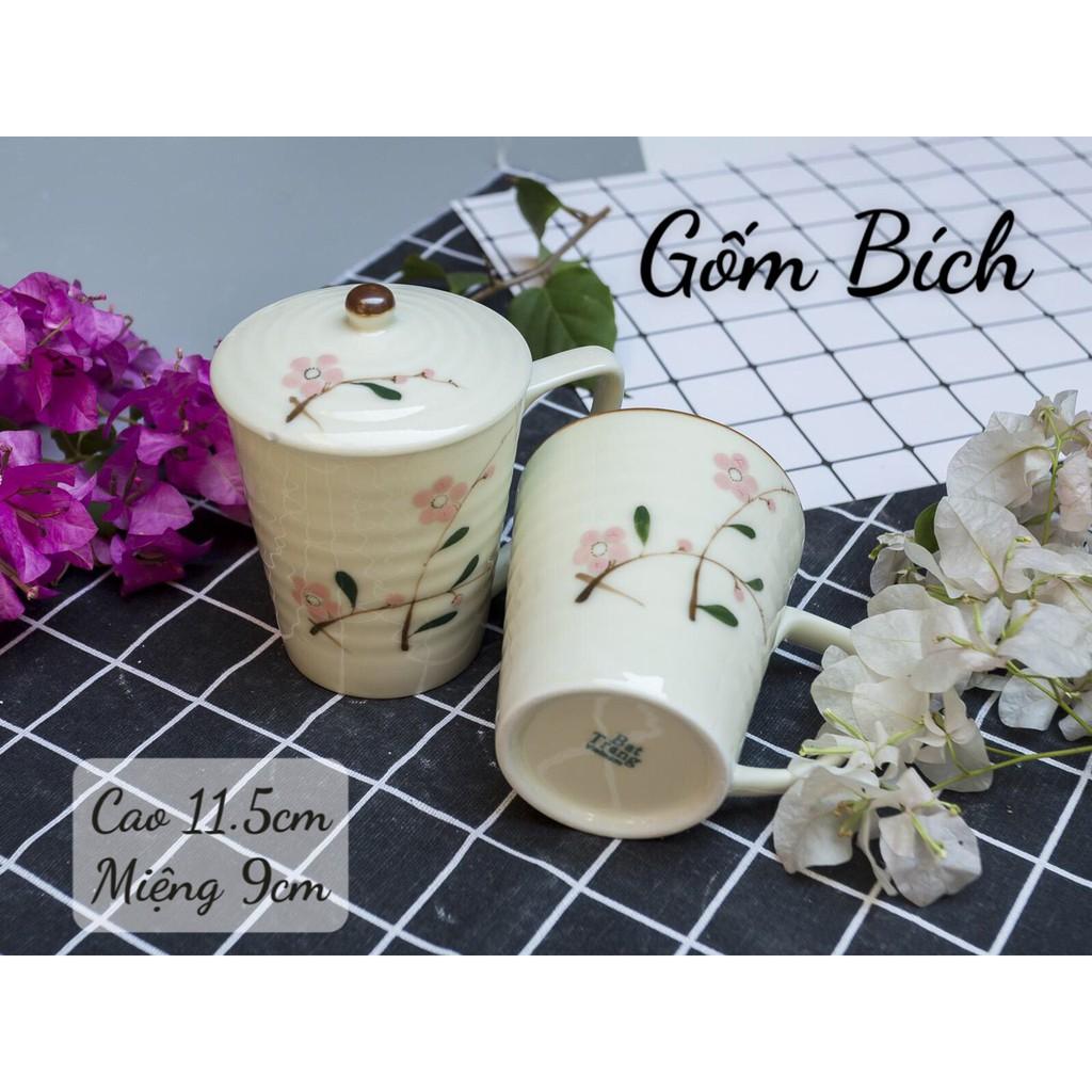 Cốc Sứ Uống Nước Kèm Nắp Đậy Men Kem Vẽ Hoa - Gốm Sứ Bát Tràng