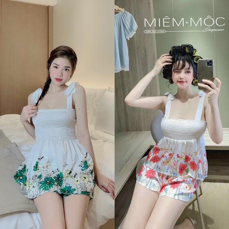 Đồ Ngủ Dây Cột Nơ Sexy Hoạ Tiết Hoa Nhúng Bèo Ngực