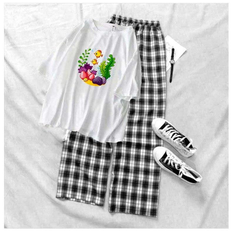 Sét bộ áo thun bể cá cảnh chất cotton kèm quần kẻ đen , sét bộ đi chơi , sét bộ đi học , sét bộ mặc nhà
