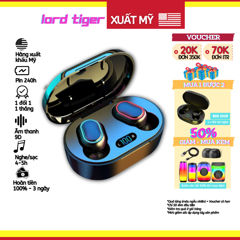 PIN 240H - Tai Nghe Bluetooth Không Dây Lord Tiger Bluetooth 5.3 TWS Micro Ghi Âm Điện Thoại The Deosd - Hàng Chính Hãng