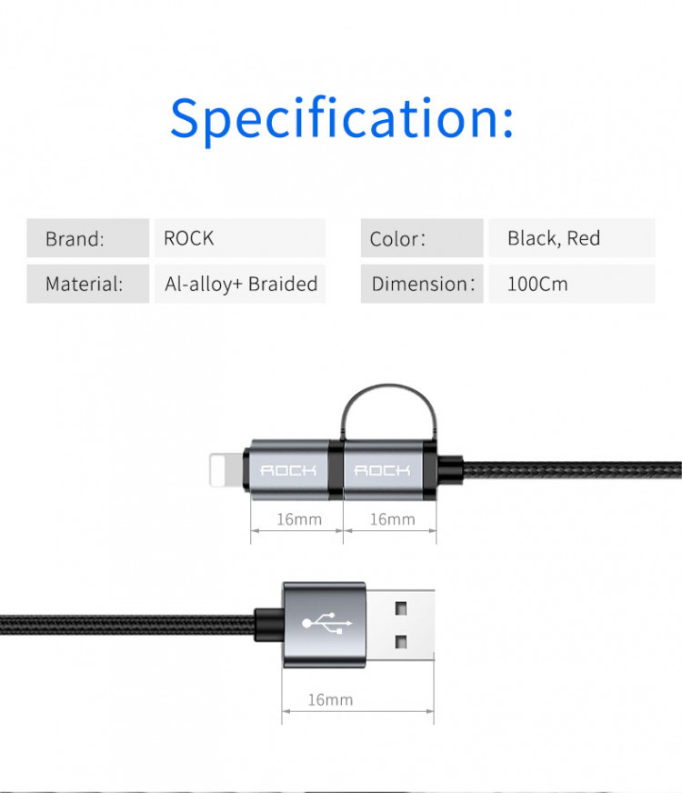 Dây cáp sạc 2 in 1 hãng  Rock dành cho điện thoại cổng Type C / Lightning dài 100 cm  - Hàng chính hãng