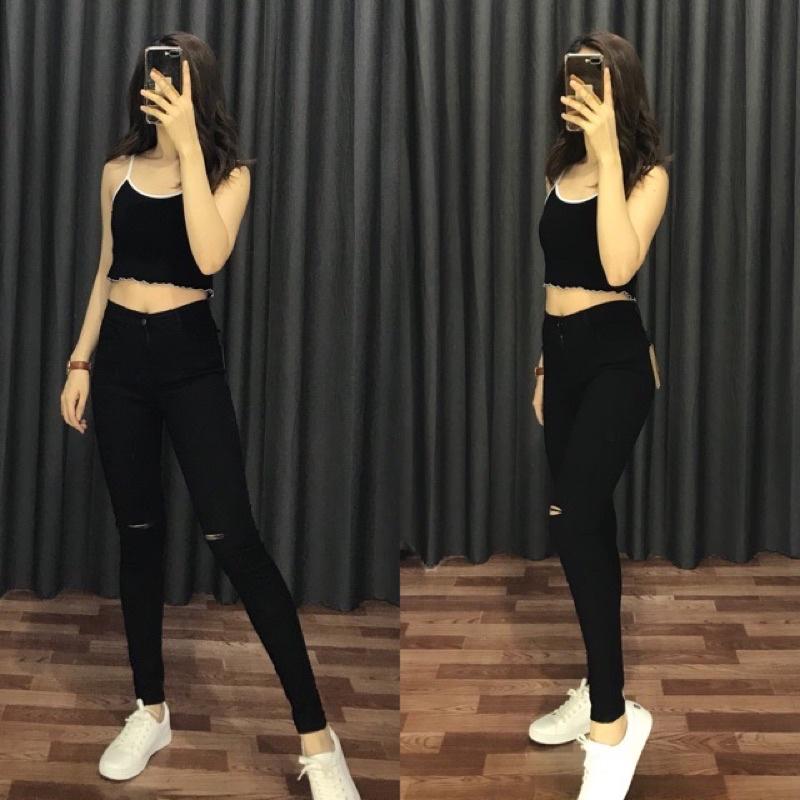 Quần skinny kaki VNXK rách gấu 2 màu đen trắng co dãn