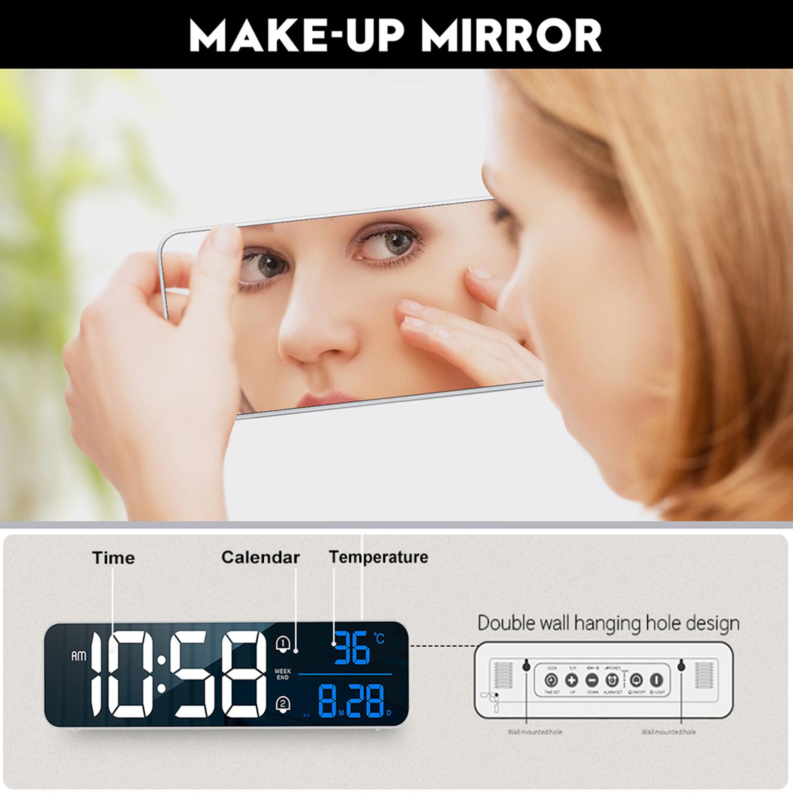 Living Room Mirror Large Digital Alarm Clock LED with Temperature 40 Music 4 Volume, Wall Clock