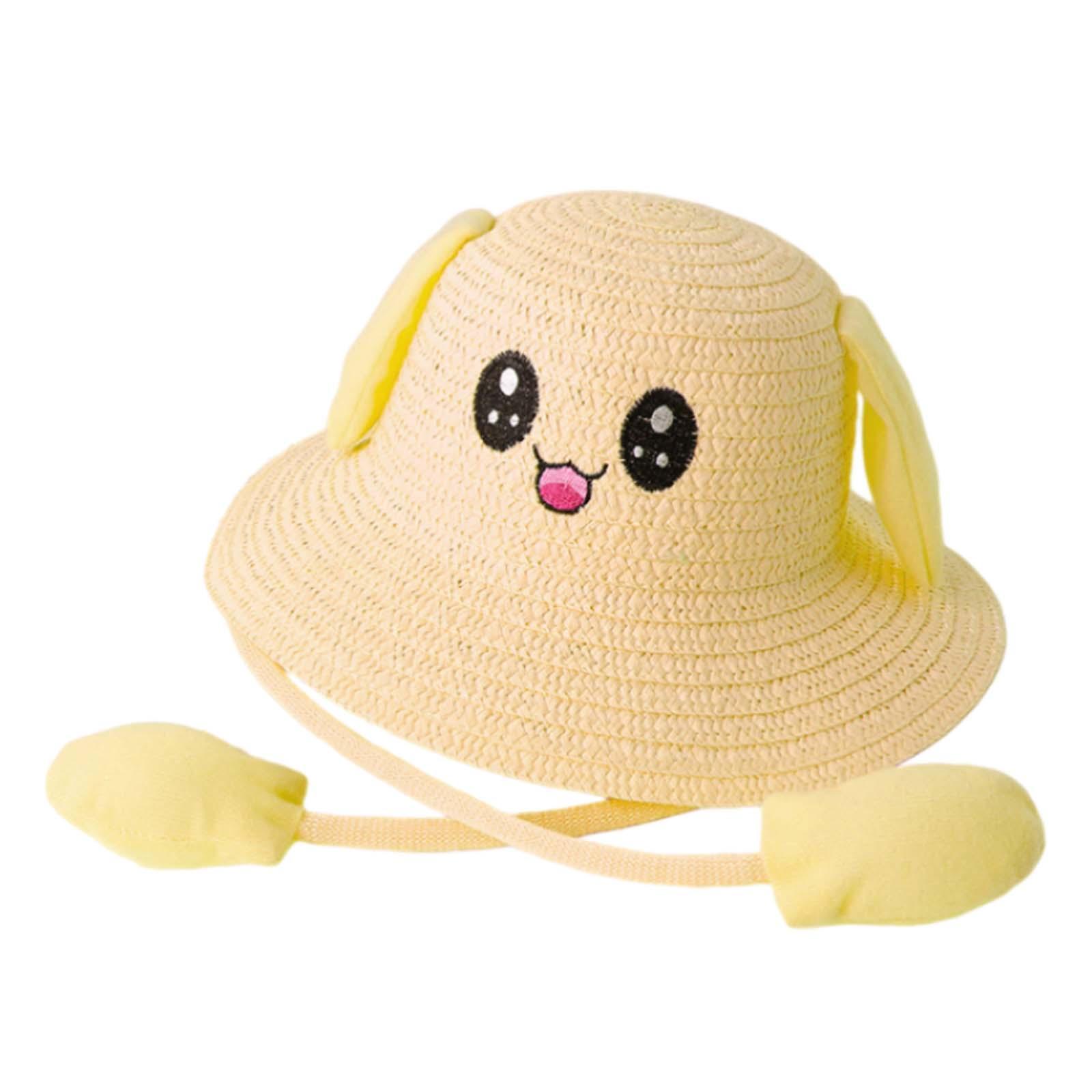 Bunny Ears Straw Hat Cap Wide Brim Children Beach Hat for Beach Summer Trips