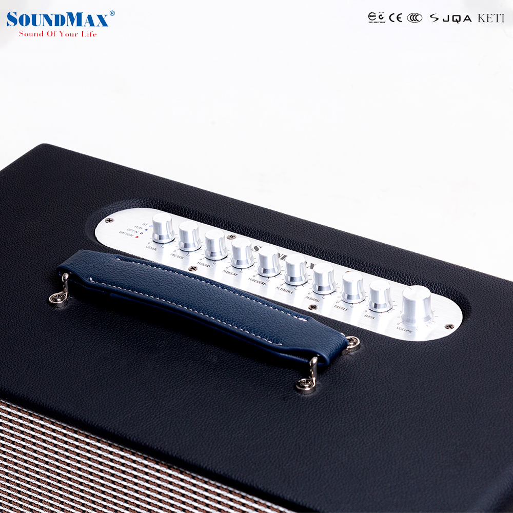 Loa karaoke xách tay SoundMax M-66 | Portable Karaoke Speaker SoundMax M66 | 3 Đường Tiếng, Bass 6.5 Inch, công suất thực 100W | Bluetooth, USB, HDMI, Optical, TRS, USB, Ngõ Vào Guitar | Pin 12000mAh, Thời Gian Sử Dụng 6 Giờ - Hàng Chính Hãng