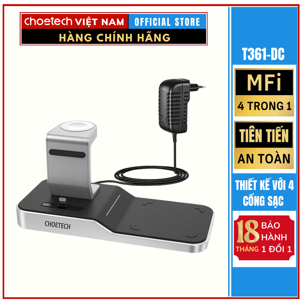 Bộ đế sạc nhanh không dây 4 in 1 có chứng nhận MFi Choetech T316 (Hàng chính hãng)