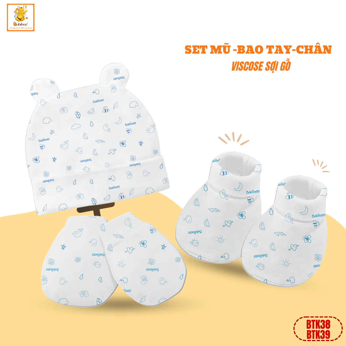 Set mũ, bao tay,bao chân cho bé Babiboo chất liệu viscose họa tiết xinh xắn, mềm mại BTK38 +BTK39