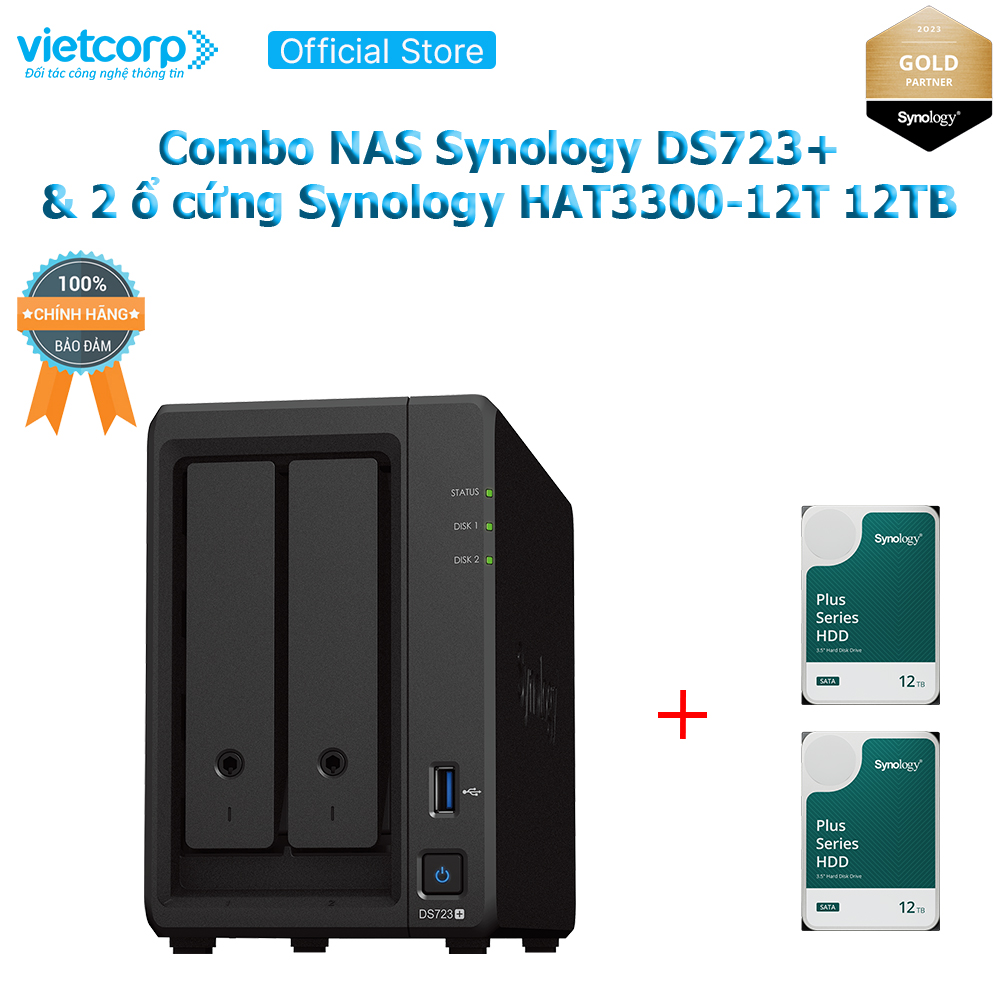 Combo Thiết bị lưu trữ NAS Synology DS723+ và 2 Ổ cứng Synology HAT3300-12T Hàng Chính Hãng