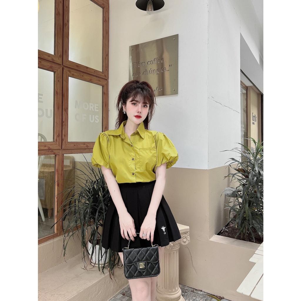 Áo sơ mi nữ cộc tay thời trang Banamo Fashion chất thô mềm siêu đẹp áo sơ mi cộc tay bồng 3920