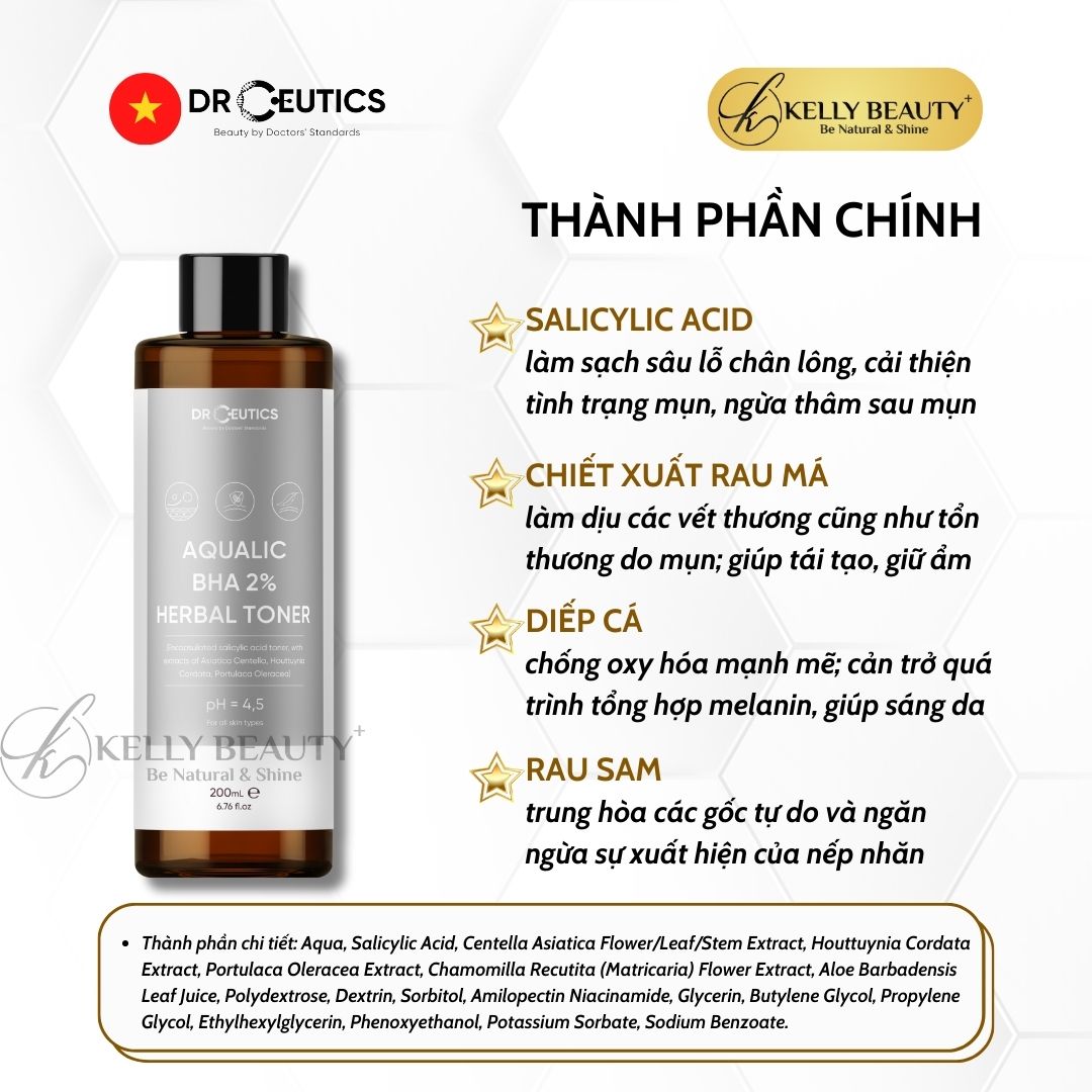 DrCeutics Aqualic BHA 2% Herbal Toner - Giảm Mụn, Ngừa Mụn Tái Phát; Da Sạch Mịn Màng | Kelly Beauty