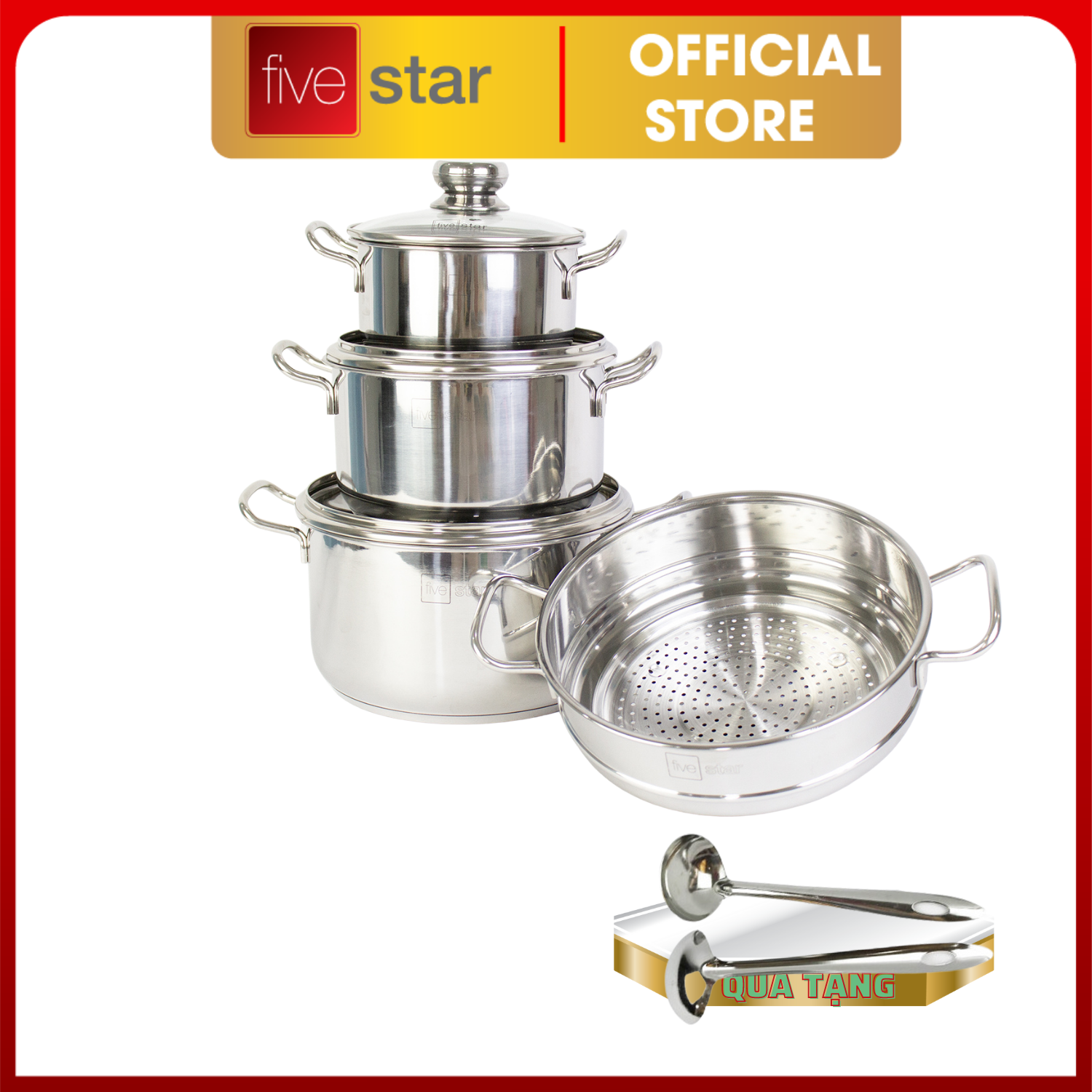 Bộ nồi inox và xửng hấp inox 430 cao cấp Fivestar Standard 4 món nắp kính tặng 2 muỗng canh