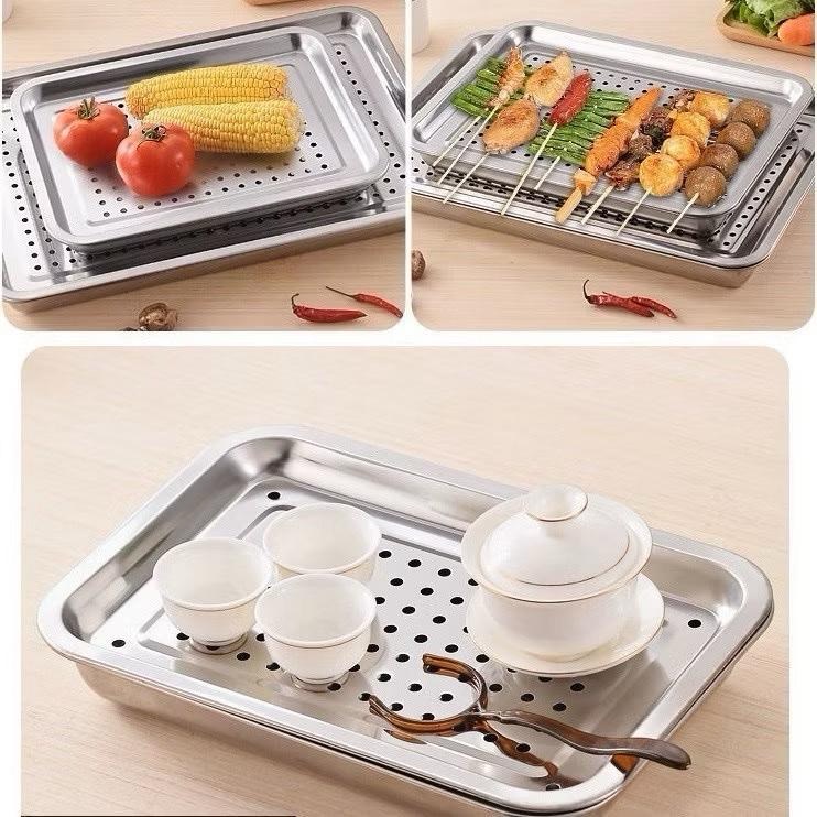 [AnhOtShop] Bộ Khay Inox Úp Cốc Chén Chữ Nhật Có Lỗ Thoát Nước – Tiện Dụng Pha Trà, Đựng Đồ Đa Năng (Loại 2 Lớp)