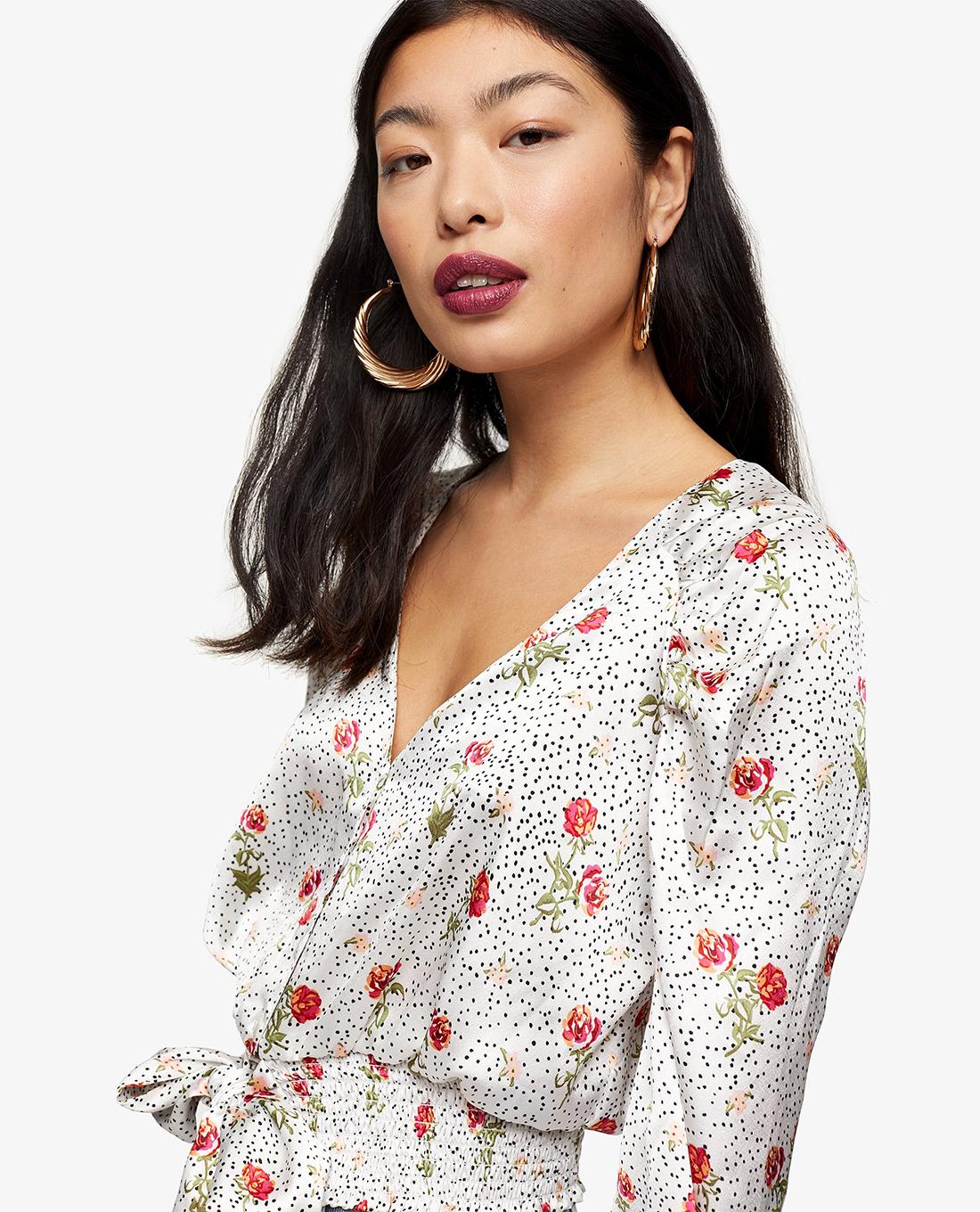 TOPSHOP - Áo kiểu nữ PETITE Cream Satin Floral Dot Tie Front 26B06SCRM