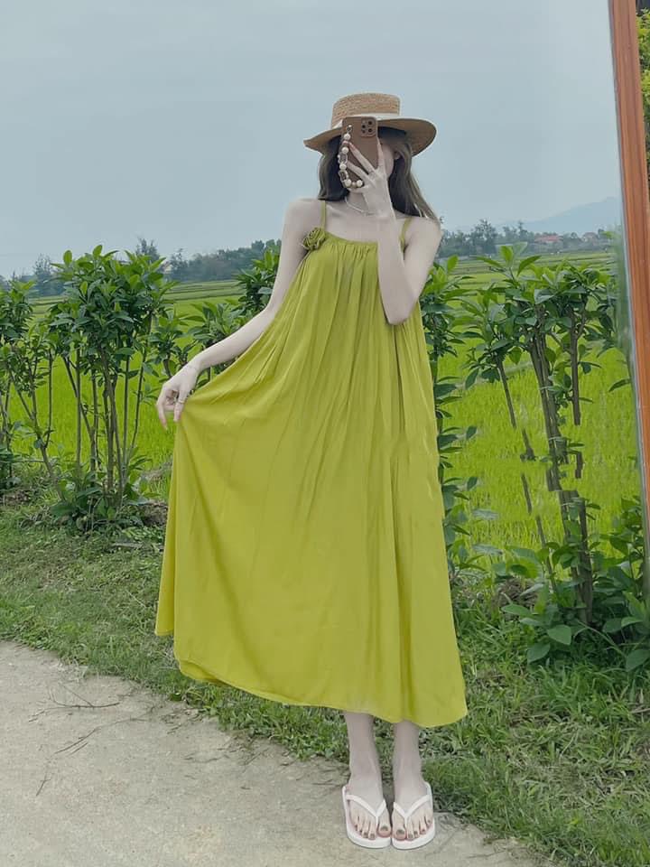 Đầm maxi 2s lụa thô xanh cốm cho nữ DN540