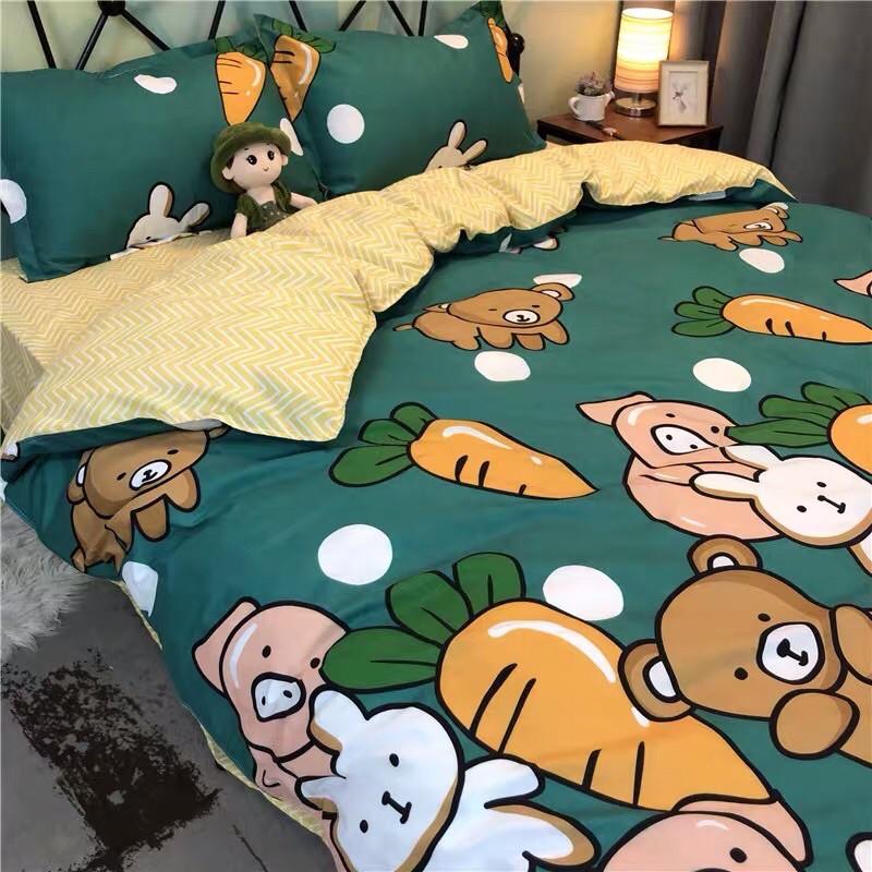 Set Chăn Ga Cotton Poly Voi Thỏ Cà Rốt Ga Kẻ Rích Rắc Vàng Trắng Hàng Loại Một Shinbedding.shop
