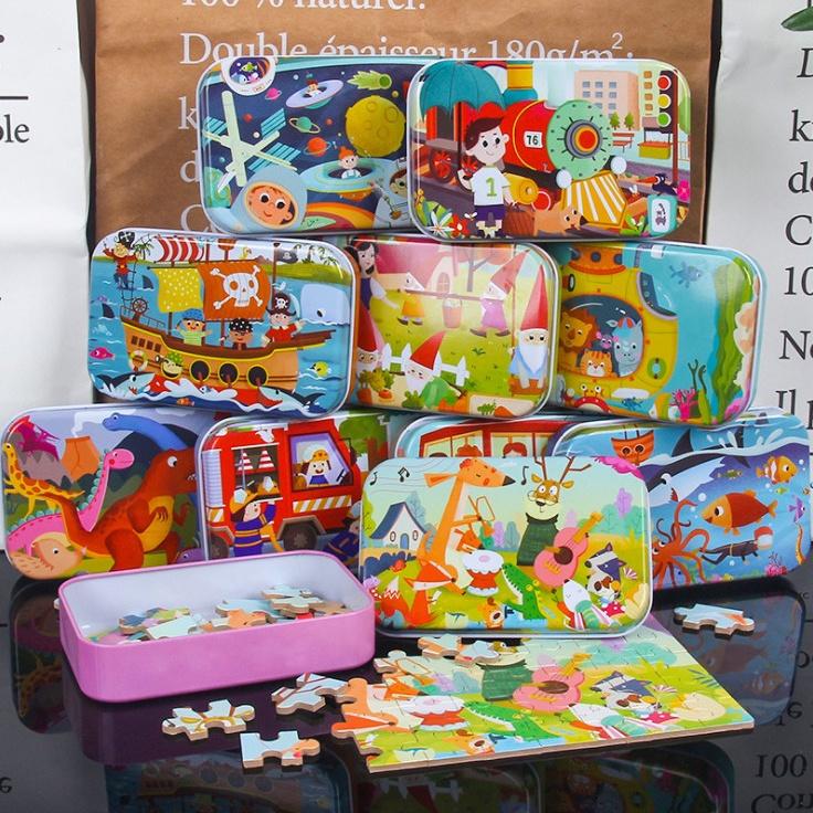 Đồ Chơi Xếp Hình Hộp Sắt Tranh Ghép Hình Puzzle 60 Mảnh Gỗ Cho Bé Phát Triển Trí Tuệ