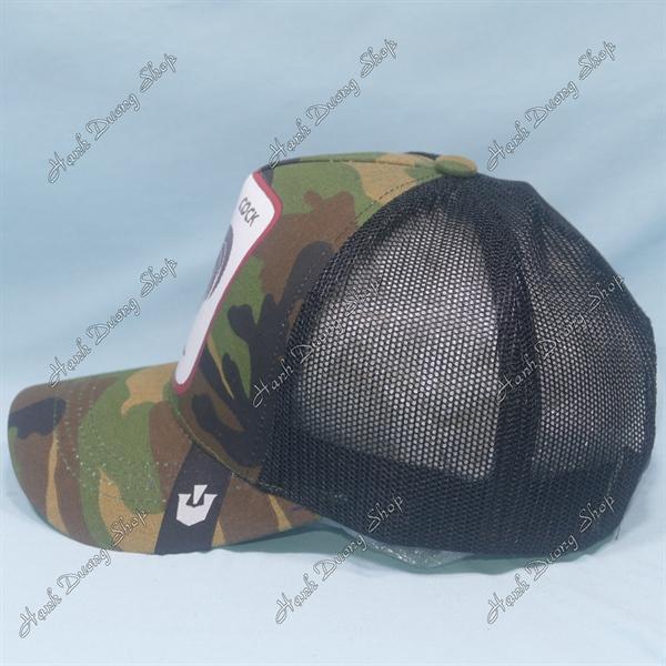 Nón kết lưới in con gà trống in chữ Cock phía sau khóa nhựa phía trong và trước có tem vòng đầu 55-58cm - Lính