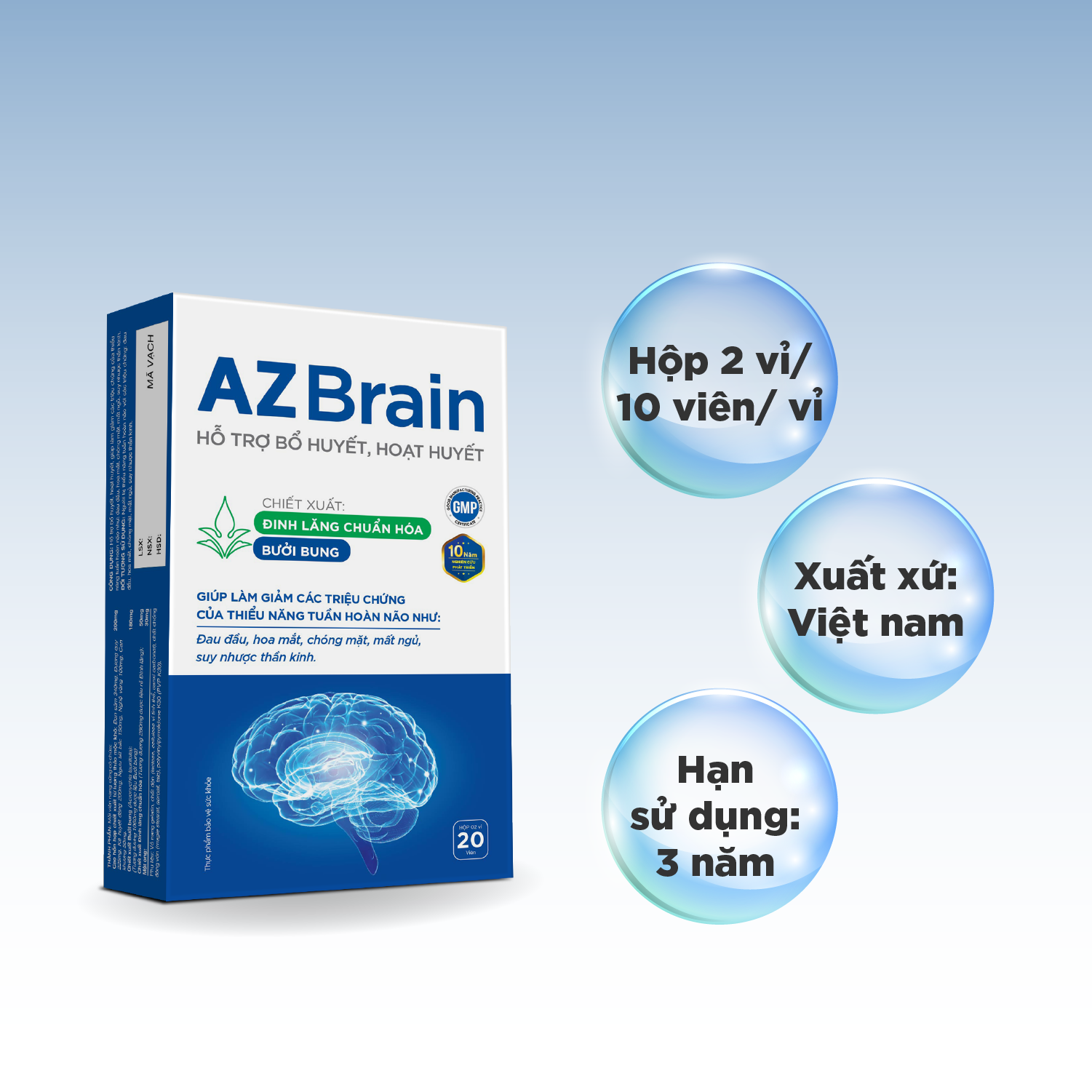 Hoạt huyết dưỡng não AZ Brain giảm đau đầu, mất ngủ, suy nhược thần kinh, tăng tuần hoàn máu não Grow Green AZ (H/20v)