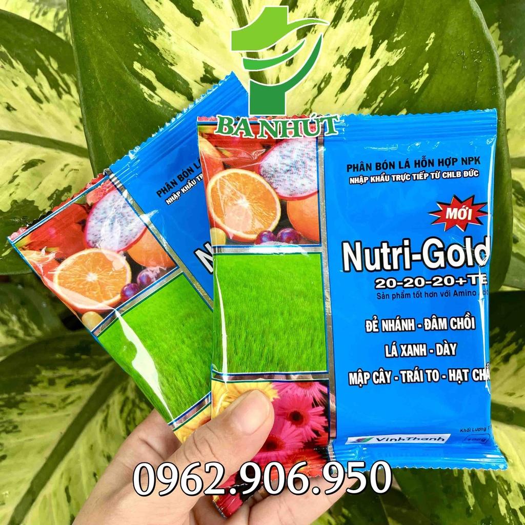 1 Hộp 10 Gói Phân Bón Lá NUTRI-GOLD 20-20-20+TE Đẻ Nhánh, Đâm Chồi – Lá Xanh, Dày – Mập Cây, Trái To, Hạt Chắc