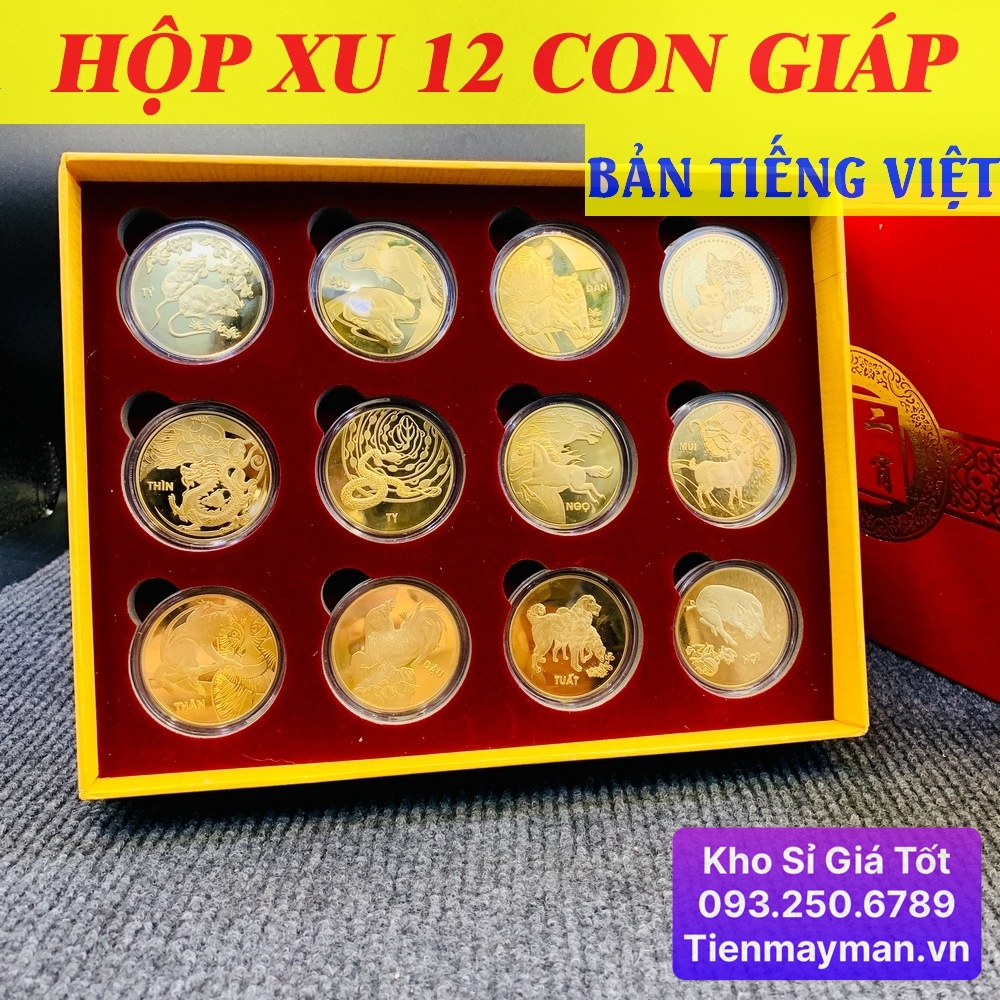 Bộ Đồng Xu 12 Con Giáp Mạ Vàng - Kèm Hộp Đỏ Sang Trọng Phong Thuỷ May Mắn