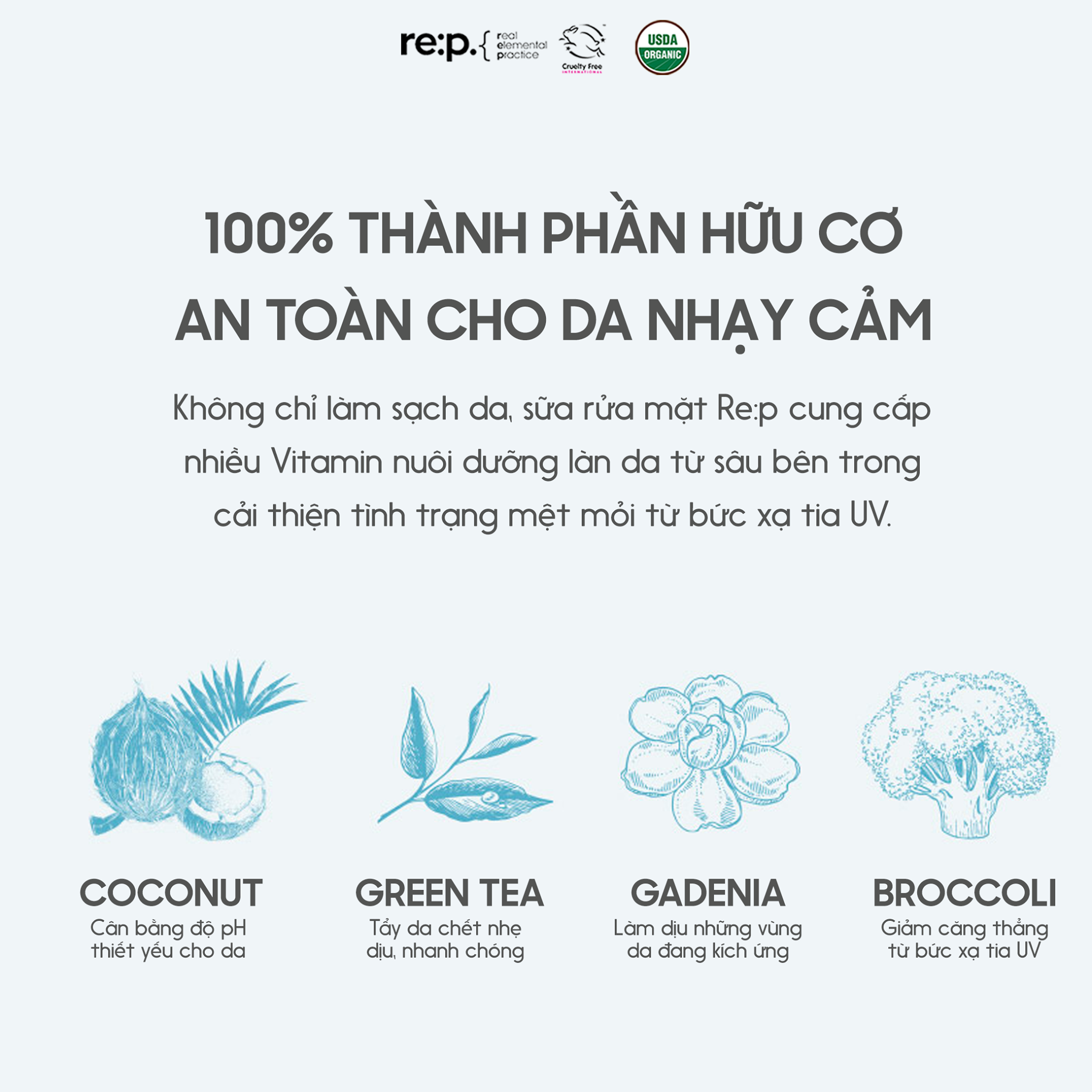Sữa Rửa Mặt RE:P NATURAL ORIGIN GENTLE PURE CLEANSER 150ML Thảo Mộc Organic Tự Nhiên Cấp Ẩm Sạch Sâu