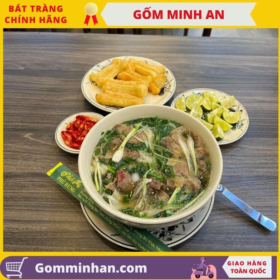 Tô sứ ăn phở gốm Minh An Bát Tràng vẽ tay thủ công Tô 18cm, đĩa đường kính 20cm