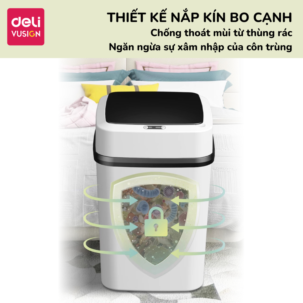 Thùng rác thông minh cảm biến tự đóng mở 15L Deli sọt rác gia đình dùng pin phù hợp cho phòng khách phòng bếp