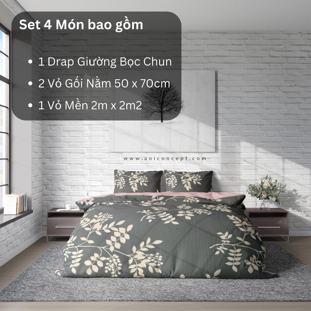 Bộ Chăn Ga Gối 4 Món Cotton Satin Size 1m8 x 2m Nhiều Hoa văn À Ơi Concept cao cấp Hàn Quốc