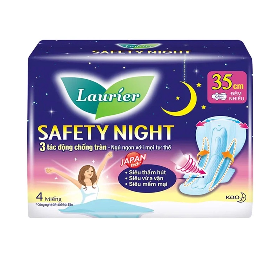 Combo 4 gói Băng vệ sinh Laurier Safety Night Đêm Siêu An Toàn 35 cm 4 miếng