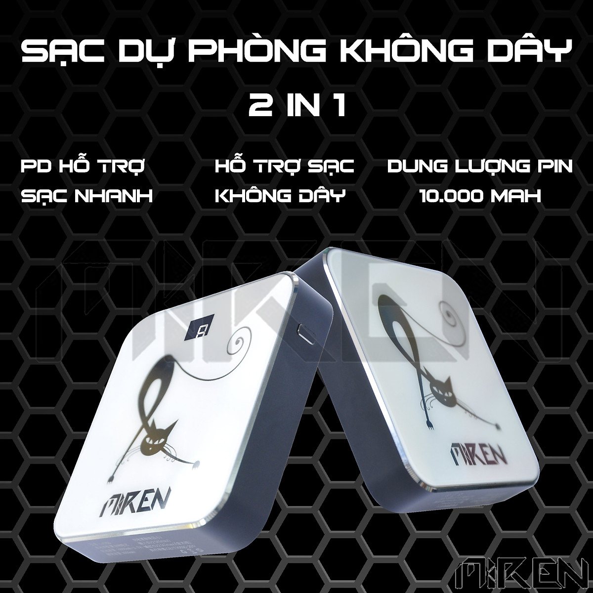 Pin Sạc Dự Phòng Tích Hợp Không Dây Miren 2 in 1 - Wireless Power Bank 10,000mAh /3.7V Li-Polymer - Hàng Chính Hãng