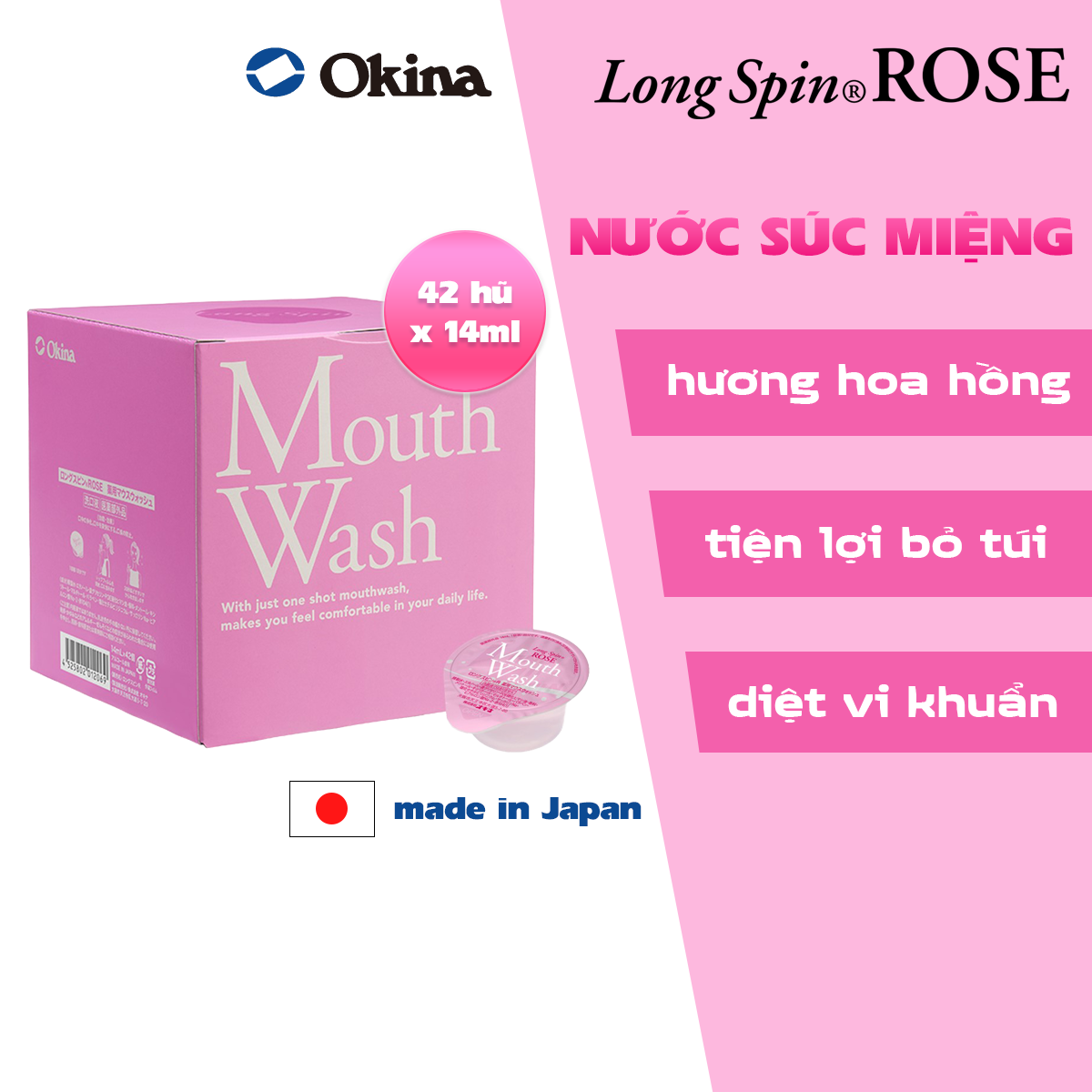 Nước súc miệng bỏ túi OKINA dòng LONG SPIN ROSE Nhật Bản hương Hoa Hồng – Hộp 42 hũ x 14ml